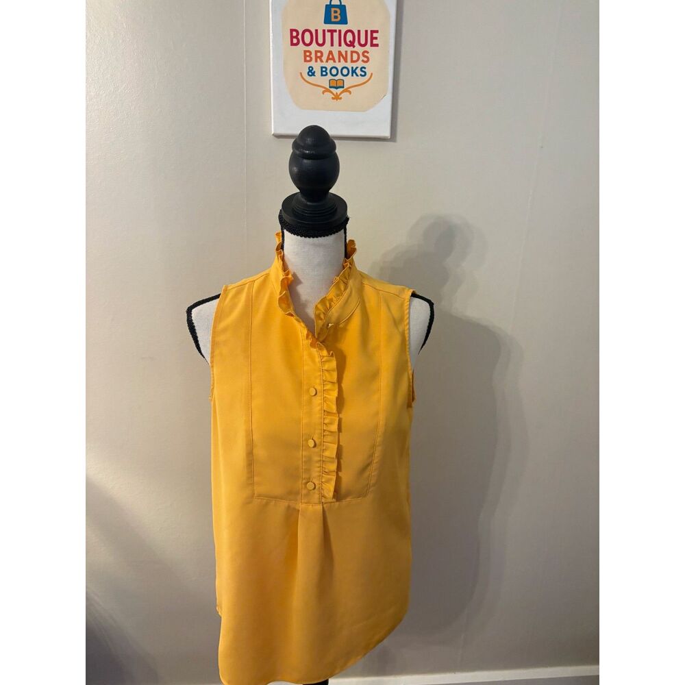 J.Crew Women's Size 0 Mustard Yellow Sleeveless Ruffle Neck Bib Front Blouse Top